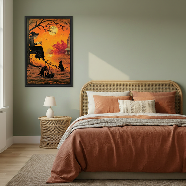 Gothic Halloween witch canvas wall art above a bedroom, showing a witch reading beneath an orange autumn sky