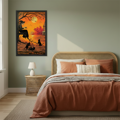 Gothic Halloween witch canvas wall art above a bedroom, showing a witch reading beneath an orange autumn sky