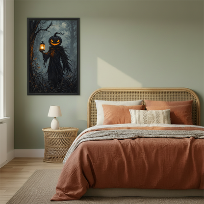 Gothic pumpkin lantern canvas wall art above a bedroom, showing a shadowy figure carrying a glowing lantern