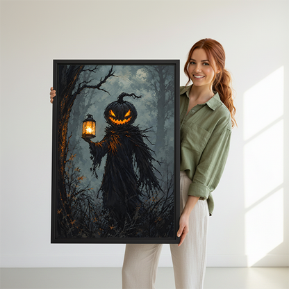 Gothic pumpkin lantern canvas wall art above a console, showing a pumpkin-headed figure in a misty forest