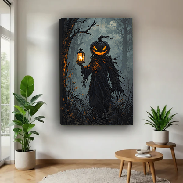 Woman holding gothic pumpkin lantern canvas wall art featuring a shadowy figure, glowing lantern, and moonlit forest