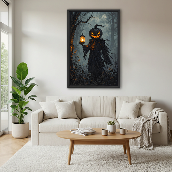 Framed gothic pumpkin lantern canvas wall art above a sofa, featuring orange lantern light and a dark forest