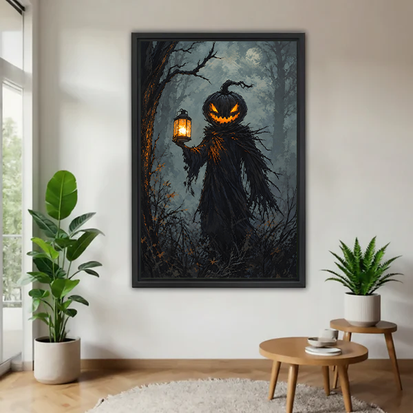 Gothic pumpkin lantern canvas wall art in a bright room, showing a glowing figure beneath a full moon