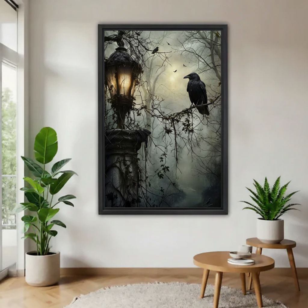 Black raven on bare branch beside ornate Victorian gas lantern wrapped in vines in teal-grey misty forest with glowing moon framed canvas above round wood coffee table with green plants