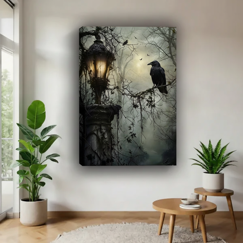 Frameless canvas of black raven on bare branches beside glowing Victorian lantern entwined with vines in misty moonlit forest above round wood coffee table with green plants