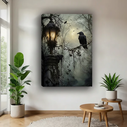 Frameless canvas of black raven on bare branches beside glowing Victorian lantern entwined with vines in misty moonlit forest above round wood coffee table with green plants
