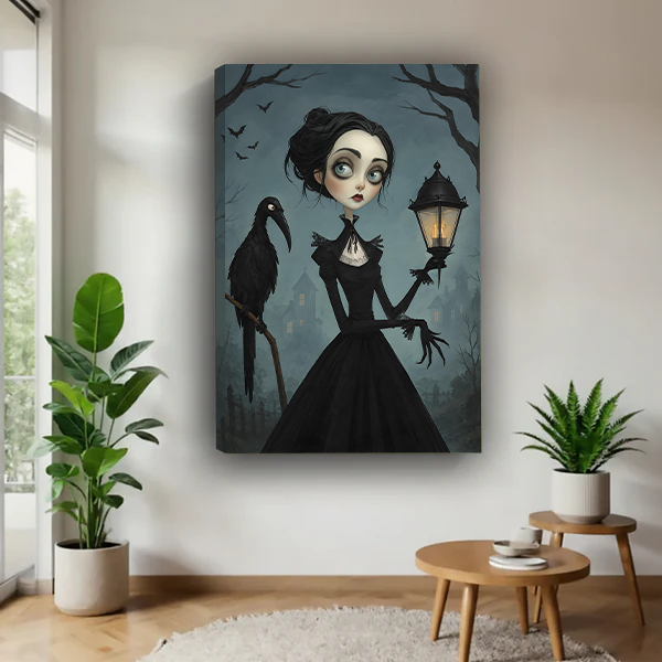 Woman holding framed gothic raven Halloween canvas wall art with a glowing lantern in a bright room