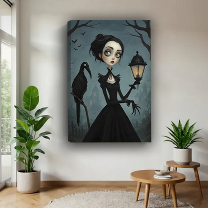 Gothic raven Halloween canvas wall art featuring a lantern woman displayed between leafy plants