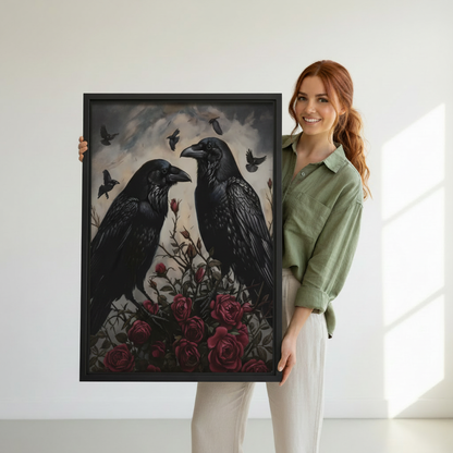 Red-haired woman holding large vertical framed canvas of two bold black ravens amid deep red roses with birds flying in a moody stormy sky showing artwork size reference