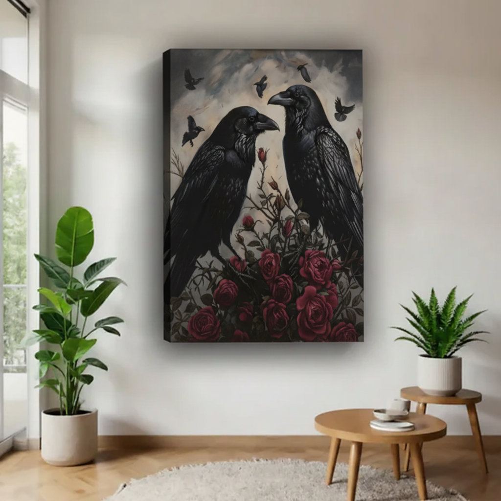 Frameless canvas of two black ravens facing each other amid deep crimson roses with flying birds in stormy grey sky above round wood coffee table with two green plants