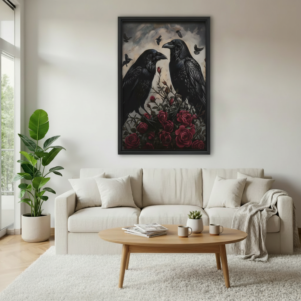 Atmospheric gothic painting of two black ravens facing each other over lush red roses with stormy grey sky and silhouette birds framed canvas above cream linen sofa with wood coffee table