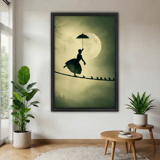 Black framed gothic surreal tightrope woman canvas wall art hanging in minimalist living room with indoor plants