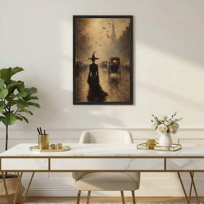 Vintage witch in black dress on foggy Victorian street with horse carriage and bats framed canvas above marble gold writing desk