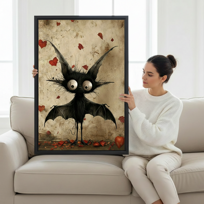 Woman holding large gothic bat hearts framed canvas wall art size display cream sofa