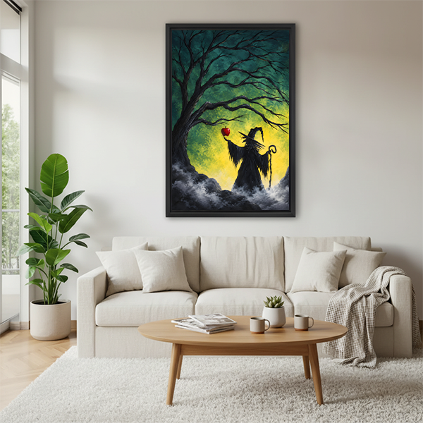 Framed witch silhouette and red apple canvas wall art beside plants and a round wood side table