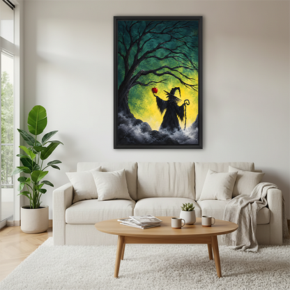 Framed witch silhouette and red apple canvas wall art beside plants and a round wood side table