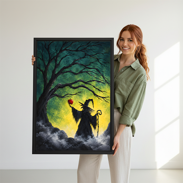 Woman holding a large framed gothic witch and poison apple canvas wall art to show its size