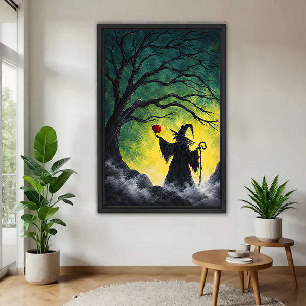Gallery-wrap gothic witch and poison apple canvas wall art on a white wall beside tall potted plants