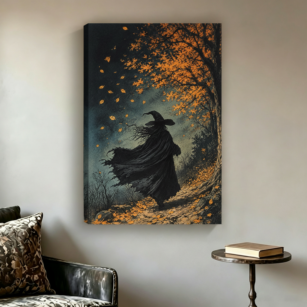 Gothic witch autumn forest canvas wall art as a gallery-wrapped print with visible wrapped edges