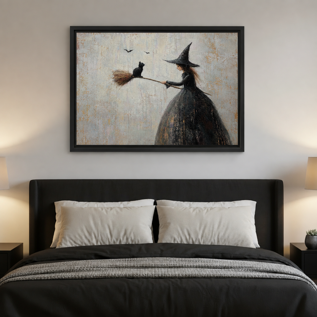 Gothic witch in tall pointed hat and black dress holding broomstick with black cat perched on it and two bats in pale grey sky framed canvas above dark bed with white pillows