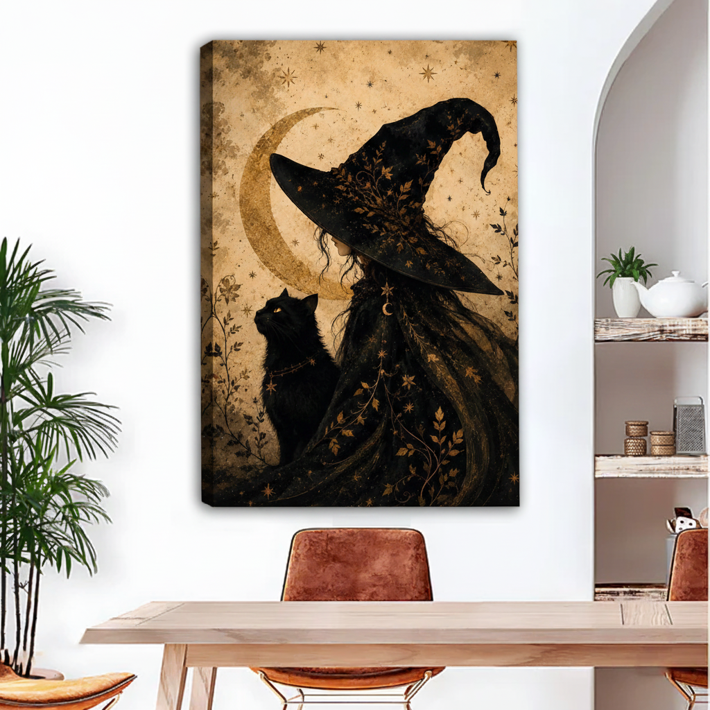 Gothic witch and black cat vintage canvas wall art print displayed above dining table in modern home