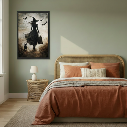 Gothic witch and black cat framed canvas wall art above bed — dark fantasy vintage witch walking with bats, boho bedroom wall decor