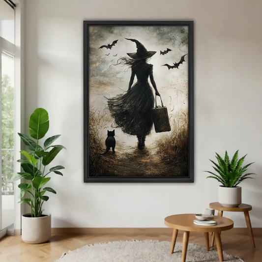 Gothic witch black cat vintage framed canvas print on white wall with plants — windswept witch silhouette and bats, eclectic home decor