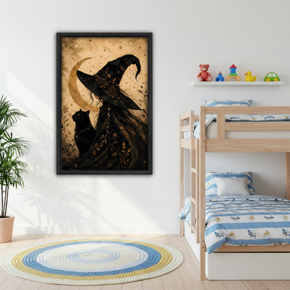 Gothic witch and black cat framed canvas print on wall in children's bedroom with bunk bed