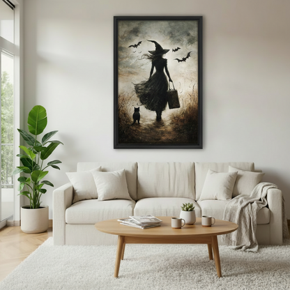 Gothic witch black cat vintage canvas wall art in black frame above sofa — moody dark fantasy witch silhouette with bats, living room decor