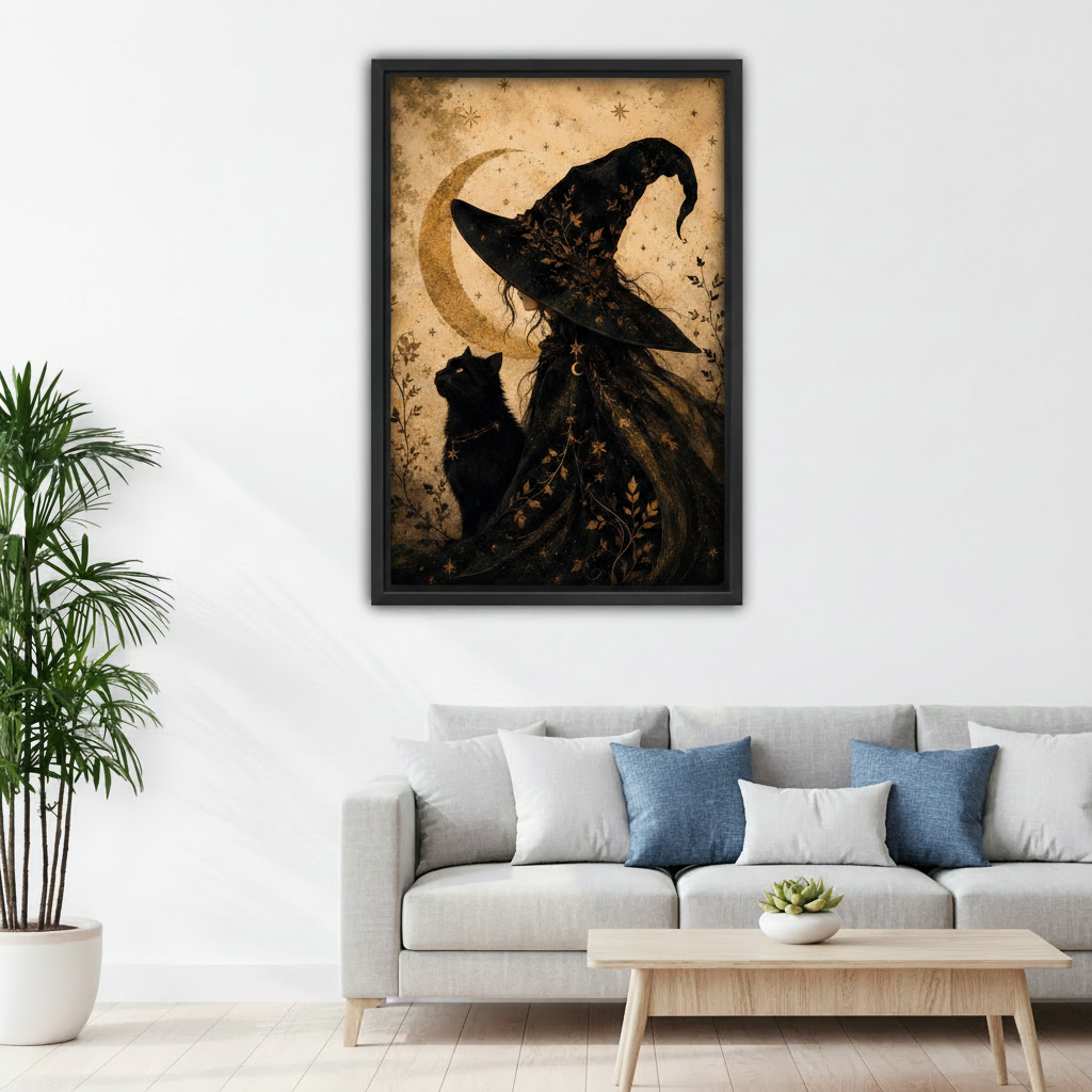 Gothic witch black cat dark fantasy framed canvas wall art displayed in bright living room above sofa