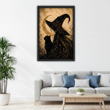 Gothic witch black cat dark fantasy framed canvas wall art displayed in bright living room above sofa