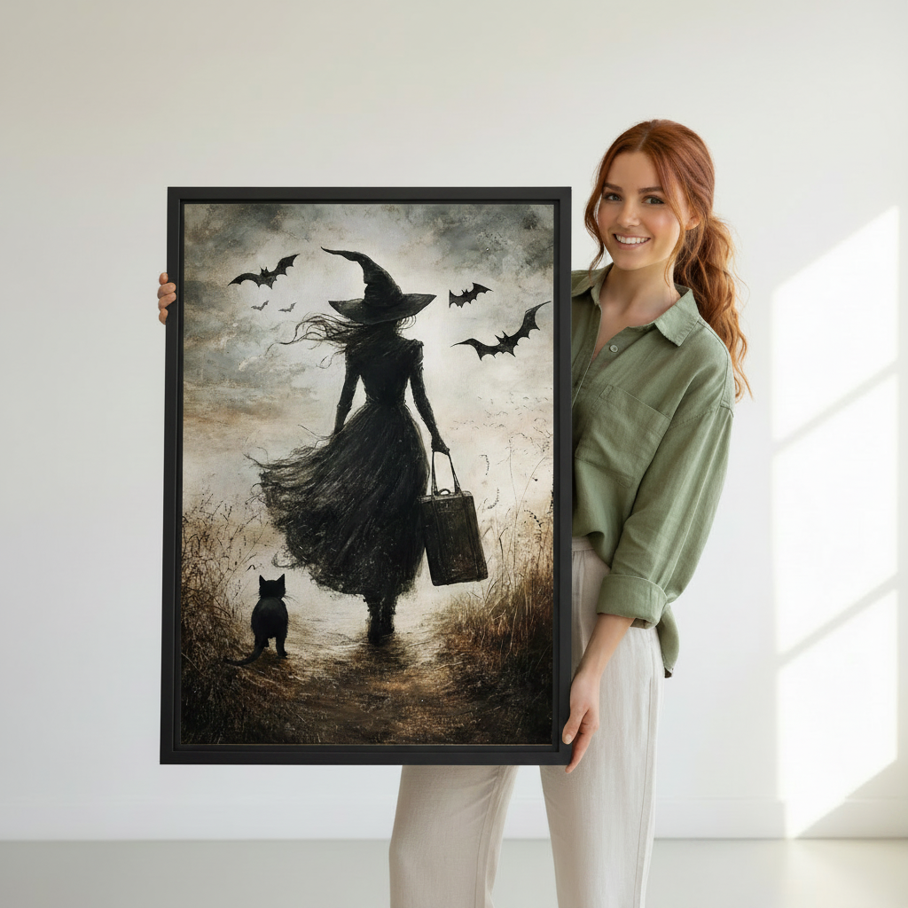 Model holding gothic witch black cat vintage framed canvas print — large dark fantasy wall art gift idea with witch silhouette and flying bats