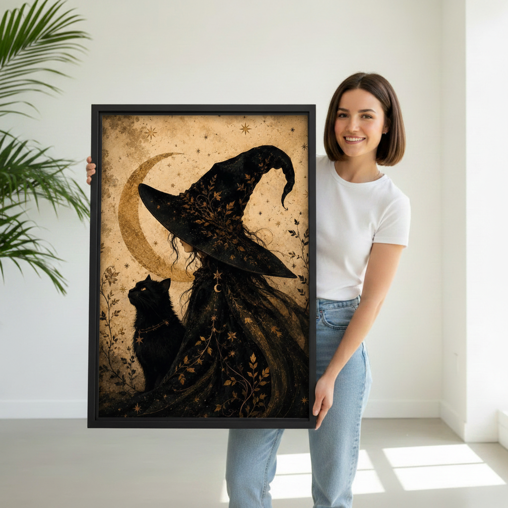 Woman holding large framed gothic witch and black cat vintage wall art canvas print