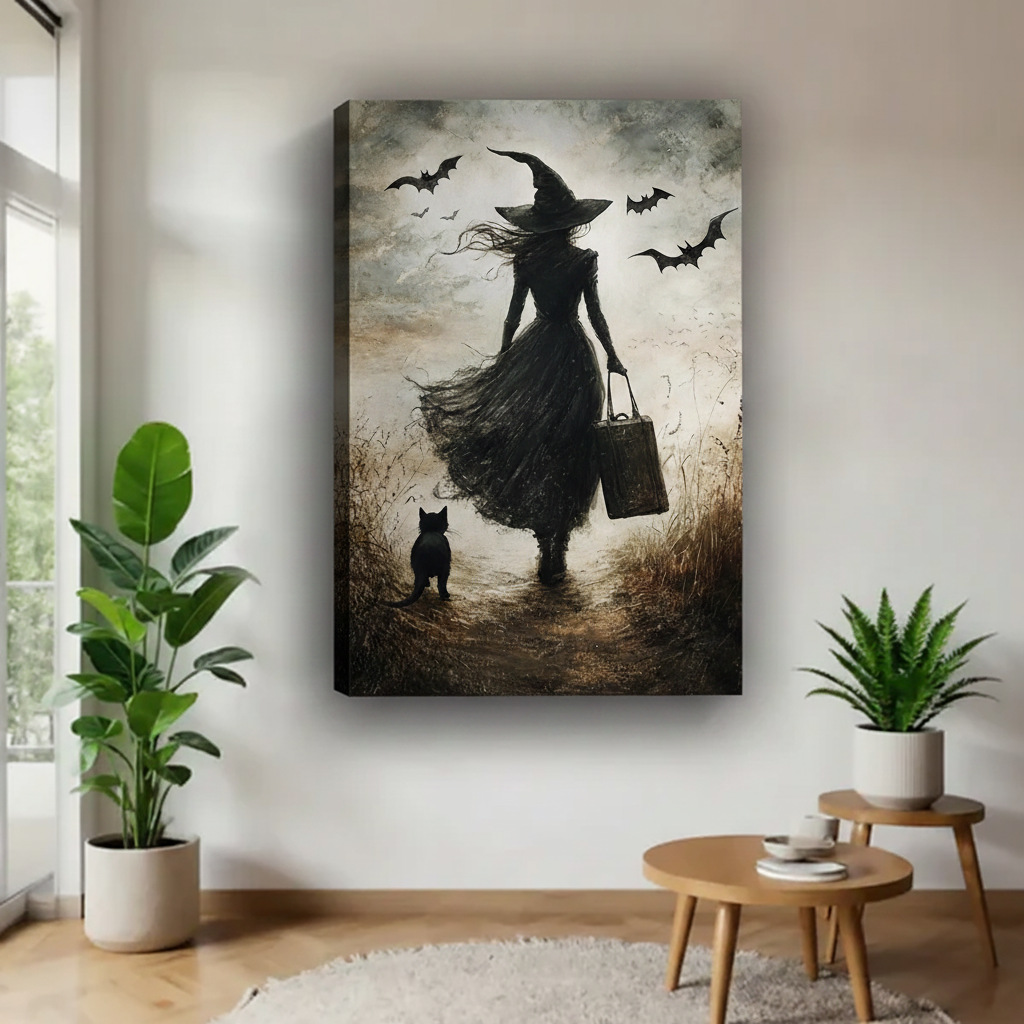 Gothic witch black cat gallery wrap canvas wall art no frame — dark moody vintage witch and cat walking through field with bats, living room decor