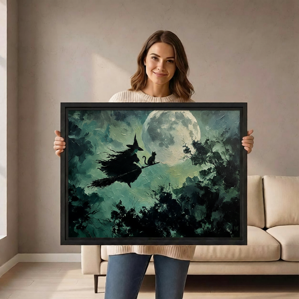 Woman holding gothic witch and black cat broomstick fantasy framed canvas print in bright living room