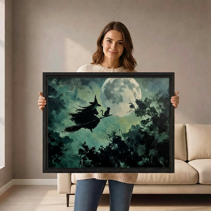 Woman holding gothic witch and black cat broomstick fantasy framed canvas print in bright living room