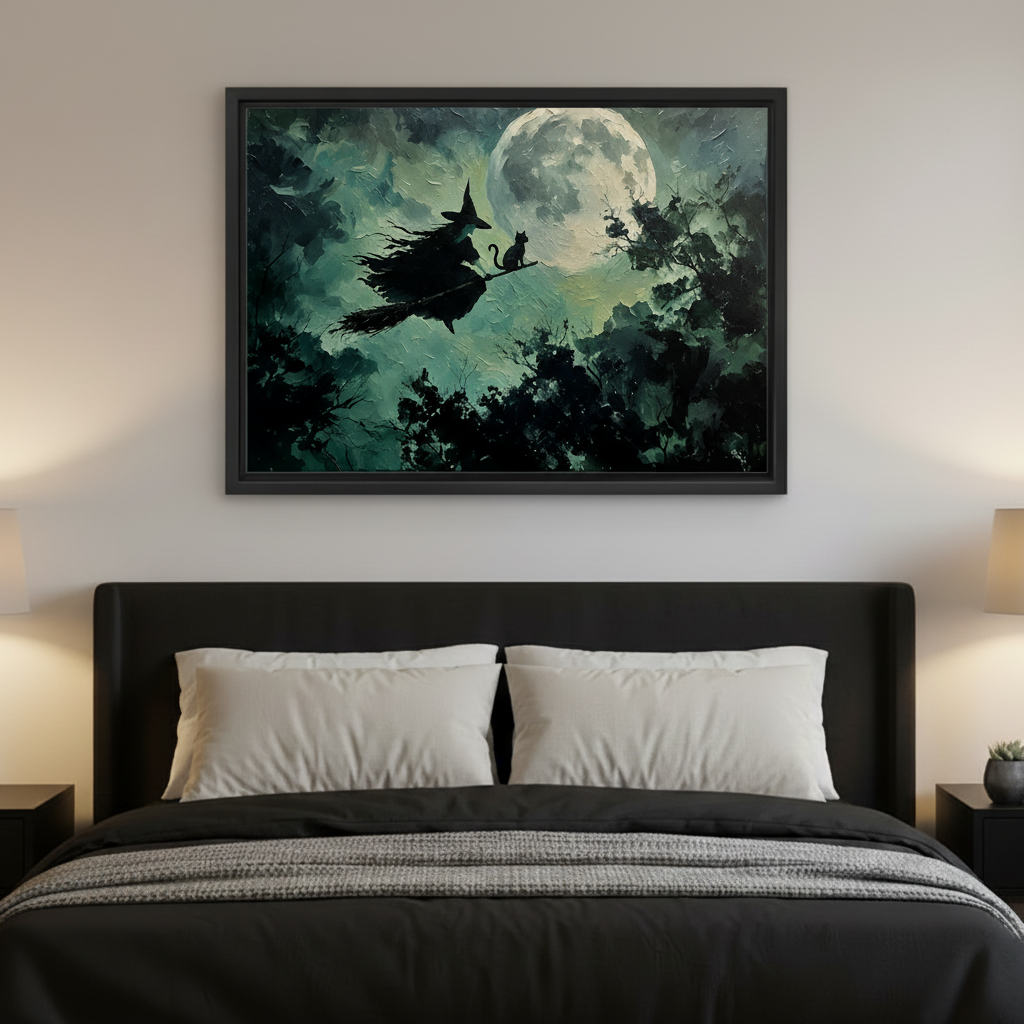 Moody gothic witch flying with black cat under full moon framed canvas print hung above dark bed in bedroom