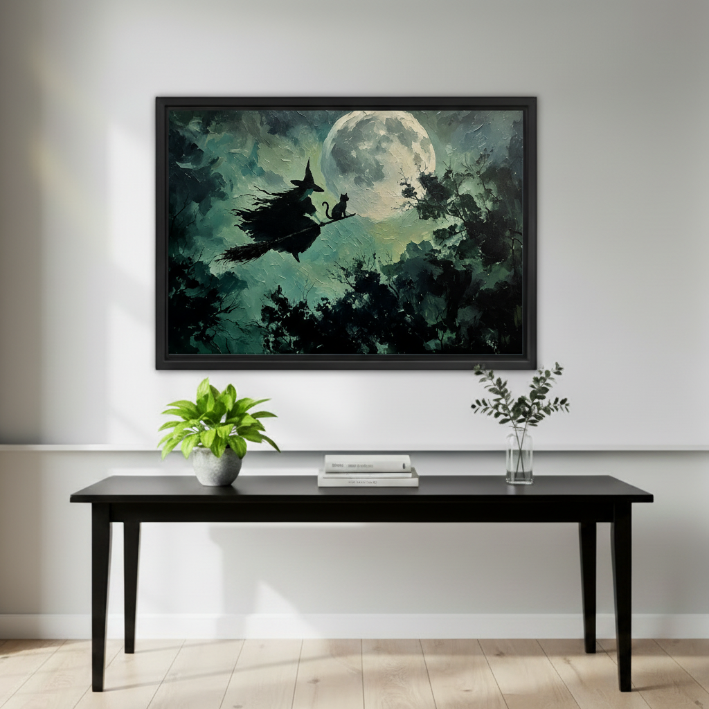 Gothic witch black cat full moon framed canvas wall art displayed above rustic console table in living room