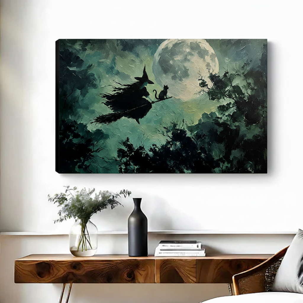 Frameless gallery wrap canvas of gothic witch riding broomstick with black cat under full moon above wooden console