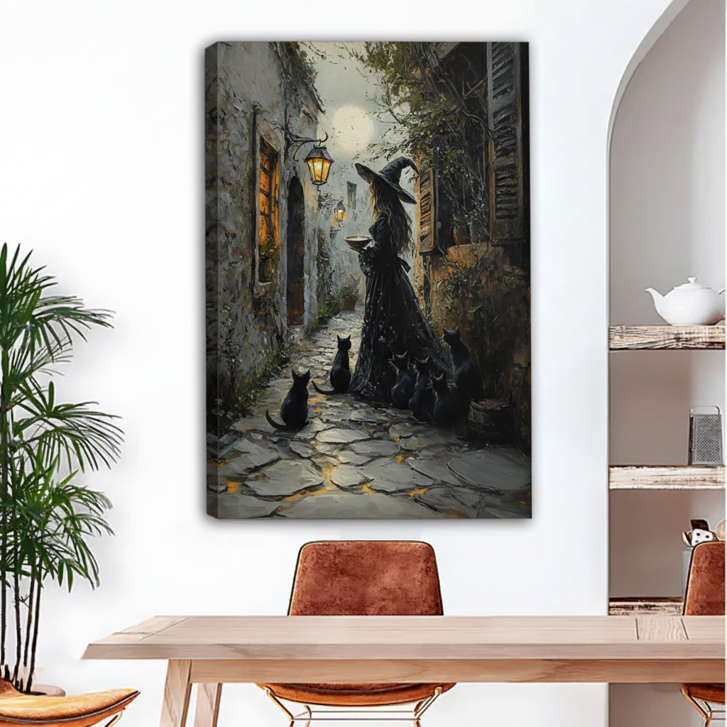 Gothic witch moonlit alley black cats unframed canvas wall art above dining table