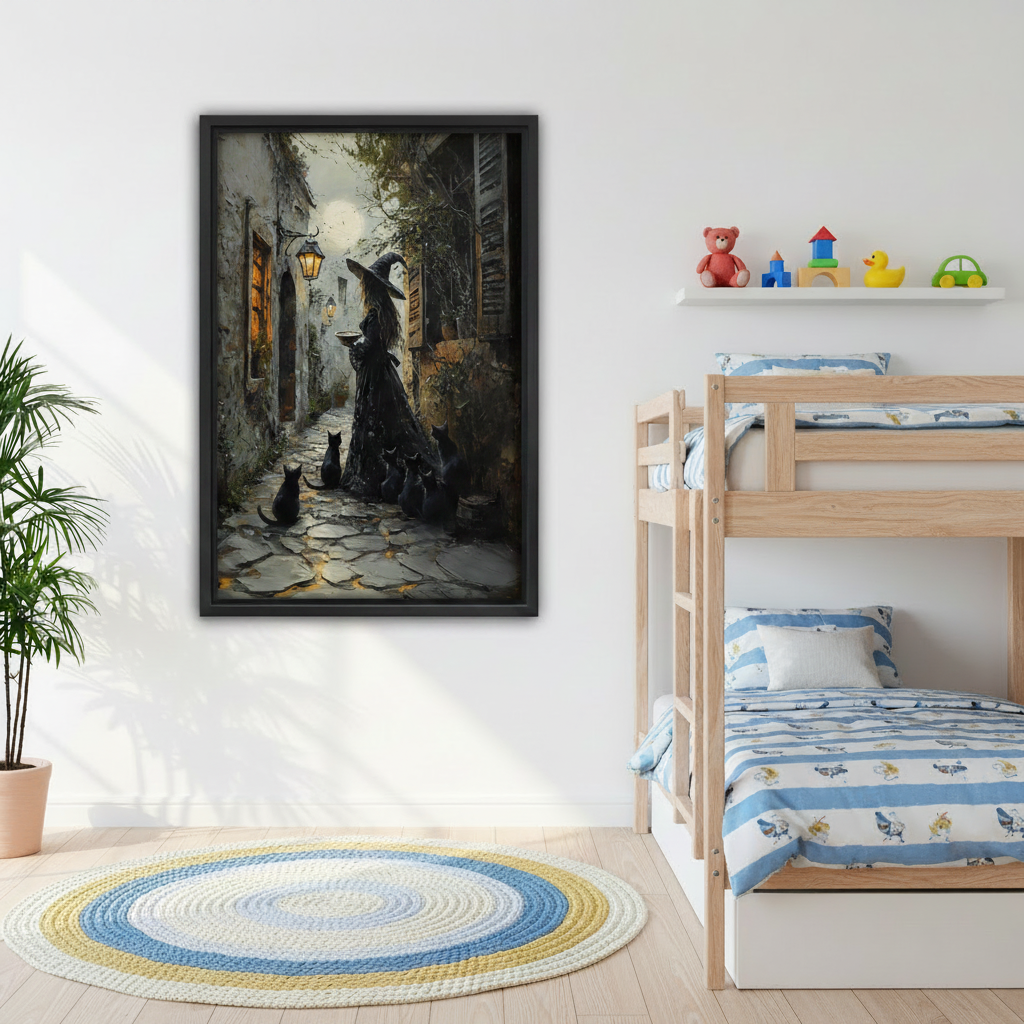 Gothic witch and black cats moonlit alley framed canvas wall art in children's bedroom