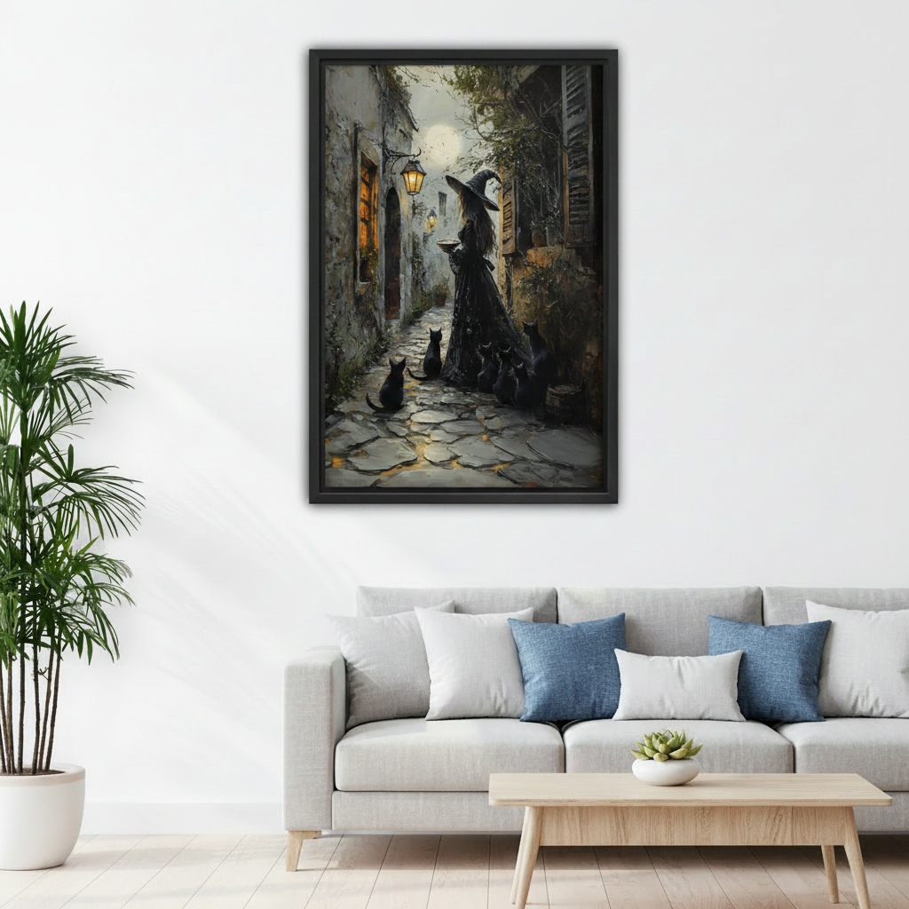 Gothic witch black cats vintage framed canvas print displayed above sofa in modern living room