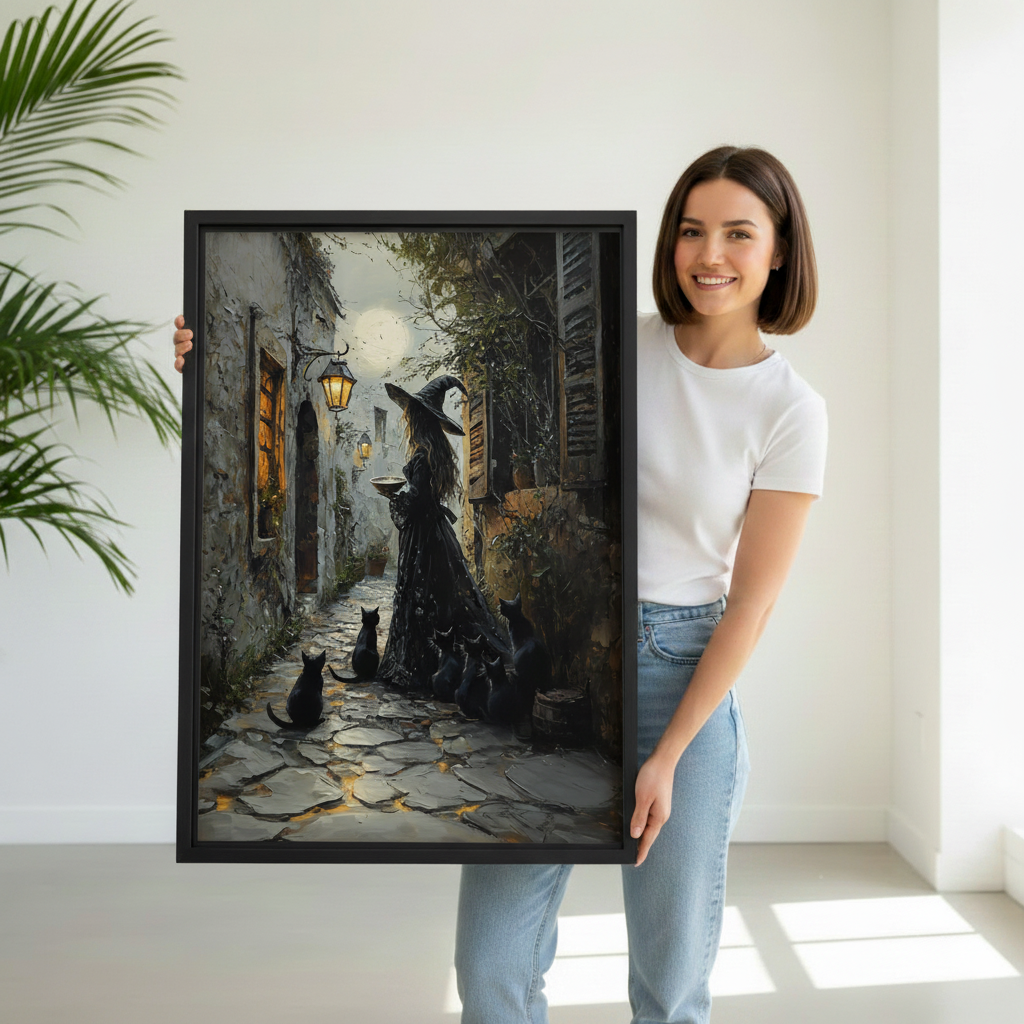 Woman holding large framed gothic witch moonlit alley black cats canvas wall art print