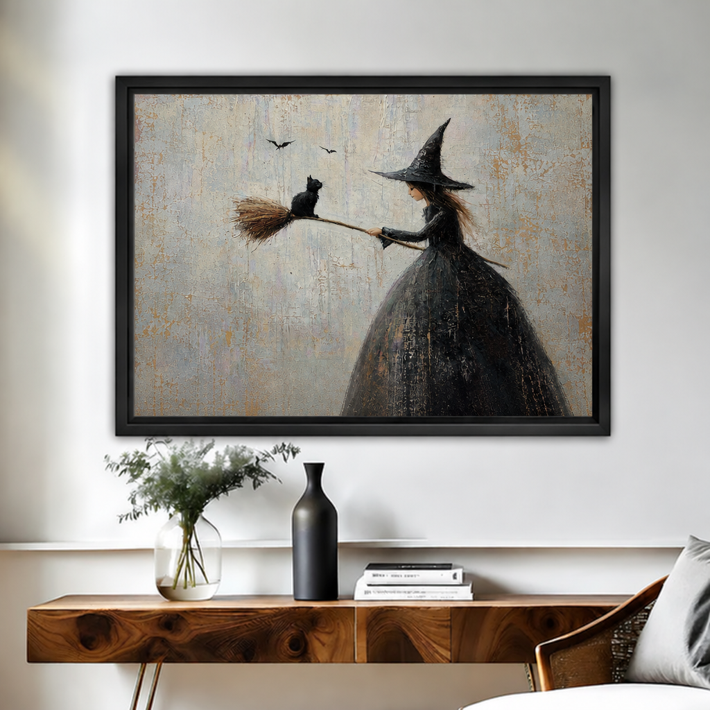 Witch in tall black hat and layered black dress reaching broomstick toward black cat with bats above in weathered pale grey background framed canvas above walnut console table with black vase