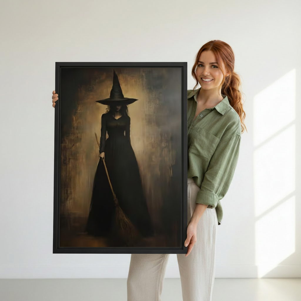 Woman holding gothic witch canvas wall art in a black frame to show its scale and detail.