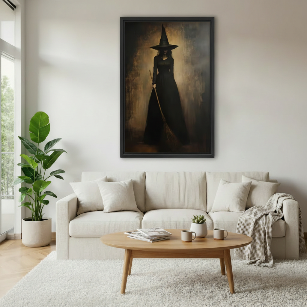 Gothic witch canvas wall art framed above a neutral sofa in a warm contemporary living room.