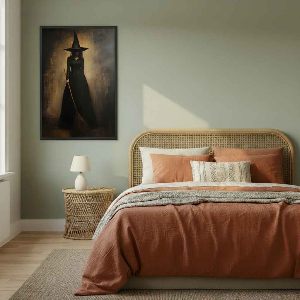 Gothic witch canvas wall art in a black frame above a bed in a cozy bedroom.