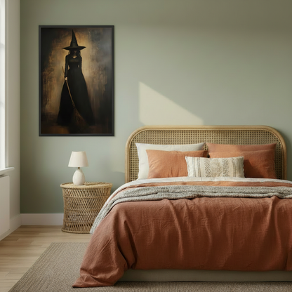 Gothic witch canvas wall art in a black frame above a bed in a cozy bedroom.