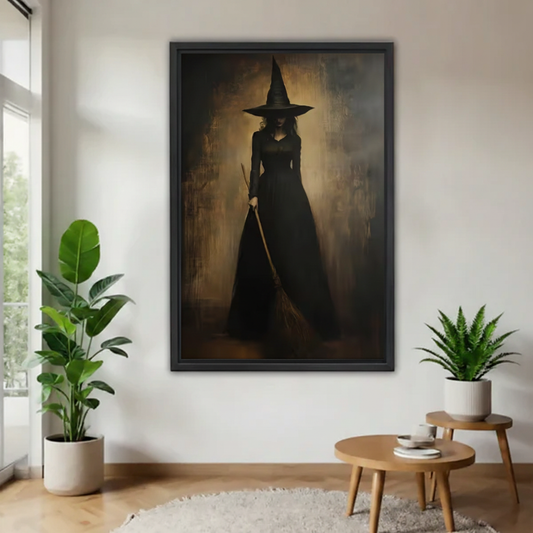 Gothic witch canvas wall art in a black frame displayed above a modern living room console.