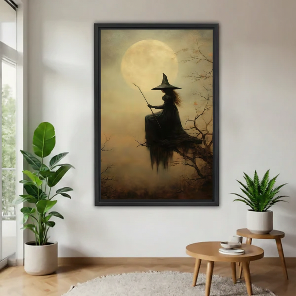 Witch silhouette in pointed hat seated on bare tree branches with broomstick before glowing full moon in amber mist framed canvas above round wood coffee table with white sofa